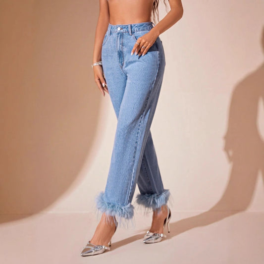 Women's Pretty Charming Fur Stitching Straight Jeans
