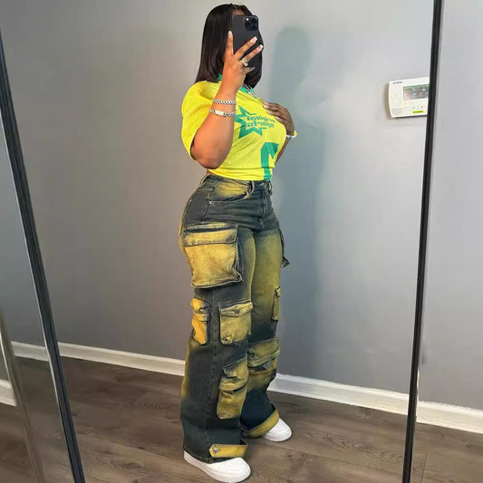 Women's Straight Trendy Unique Hanging Dyed High Jeans
