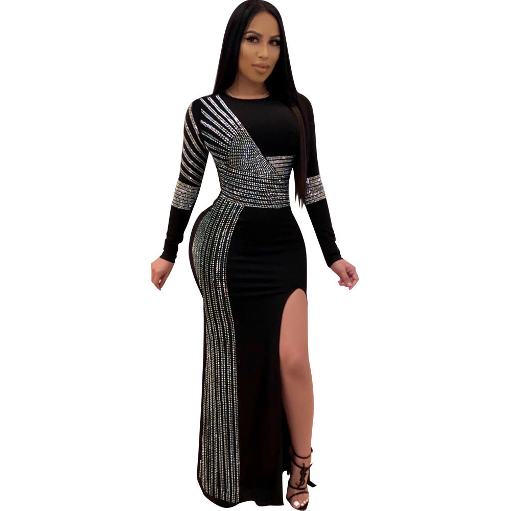 Rhinestone Crew Neck Split Long Sleeve Nightclub Uniform