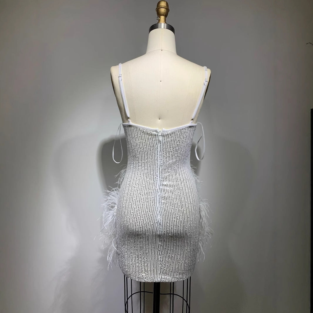 Sexy Strap Tube Feather Stitching Miniskirt Dresses