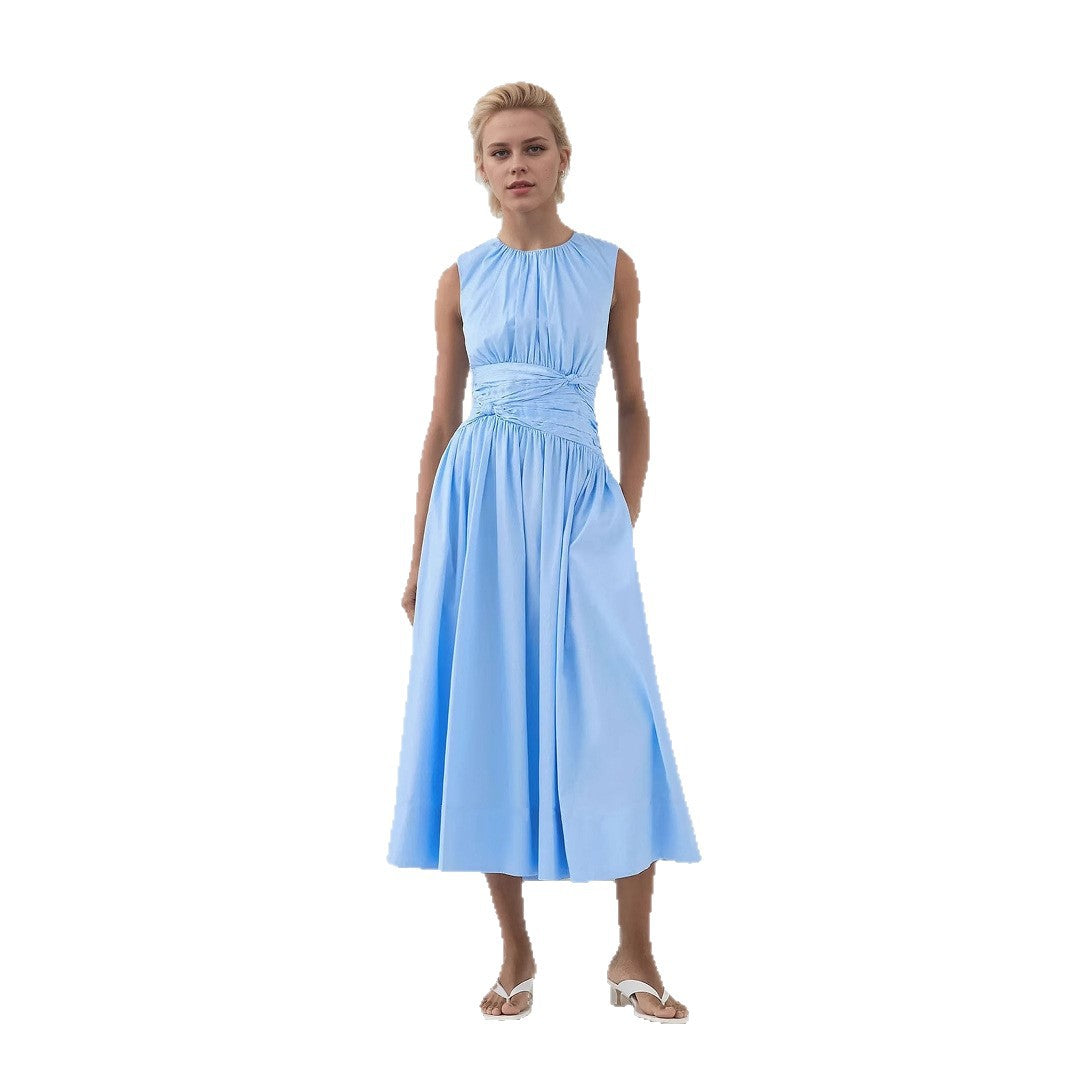 Women's Blues Round Neck Pleated Pocket Versatile Dresses