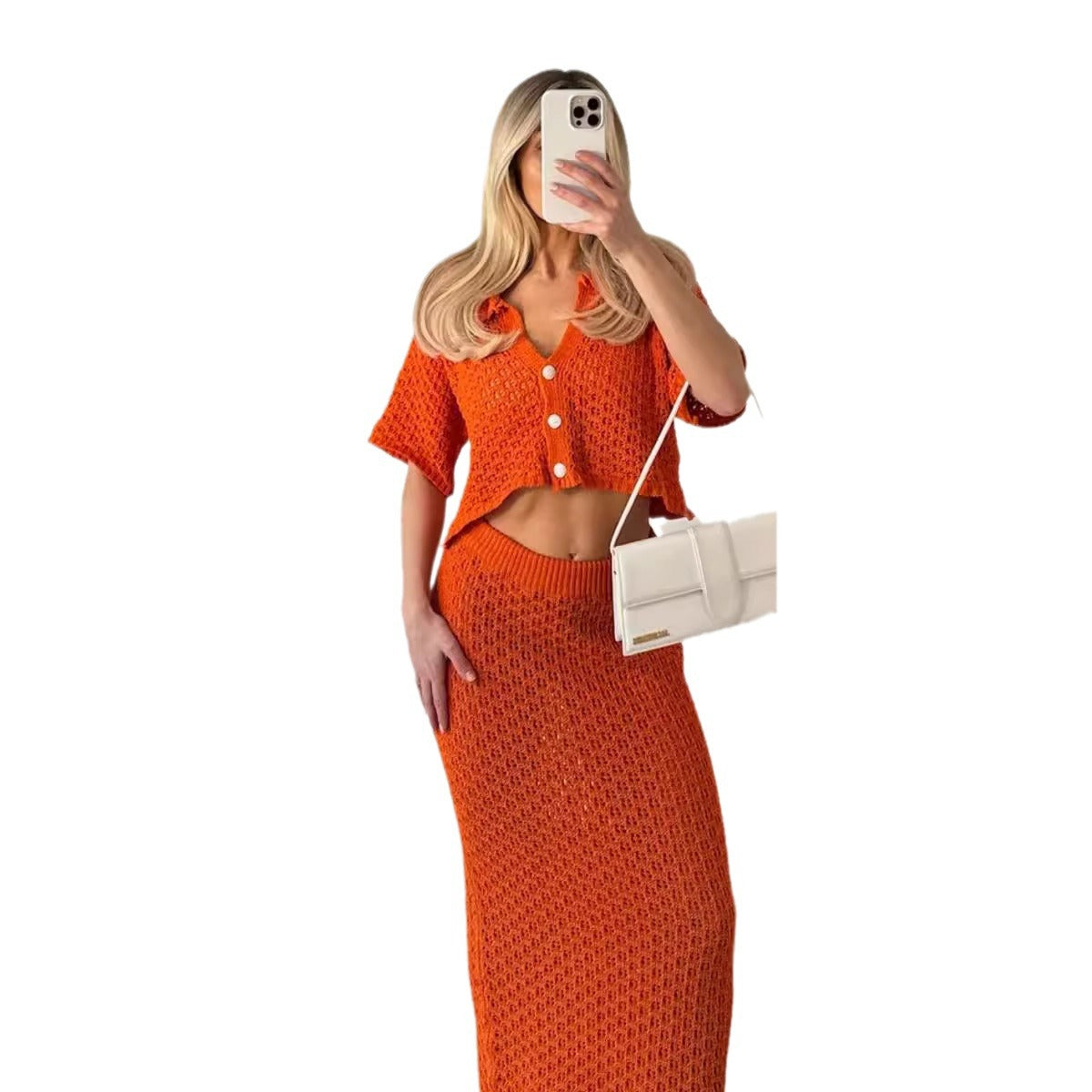 Short-sleeved Knitted Two-piece Buckle Versatile Beach Dresses