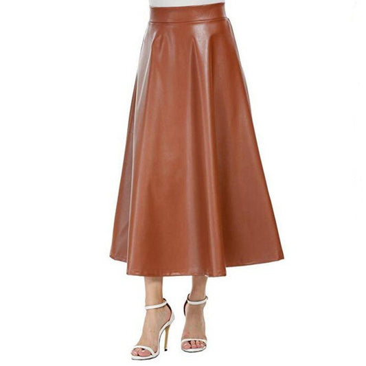 Women's High Waist Leather Mid-length Large Swing Skirts