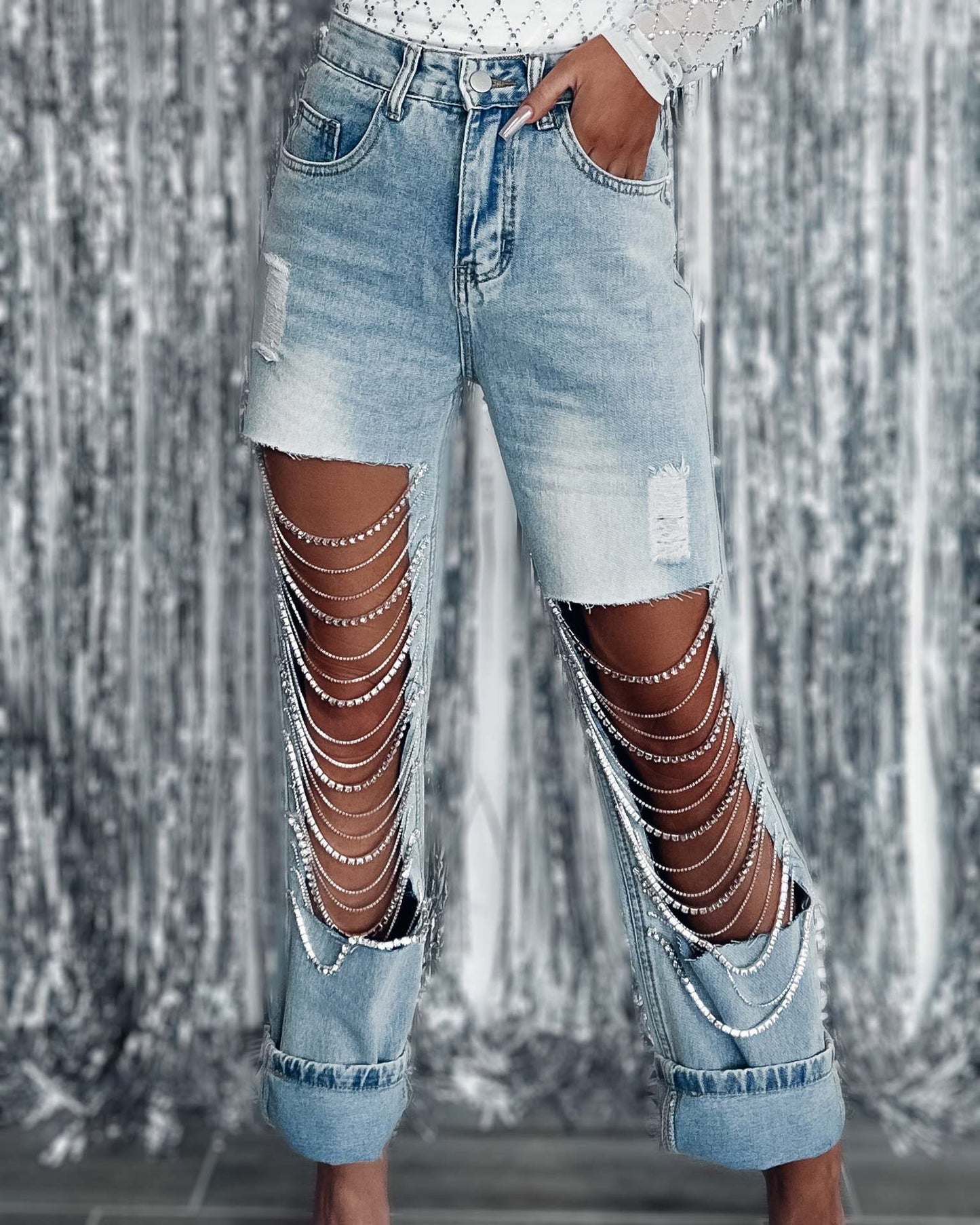 Women's Early Spring Style Big Ripped Chain Jeans