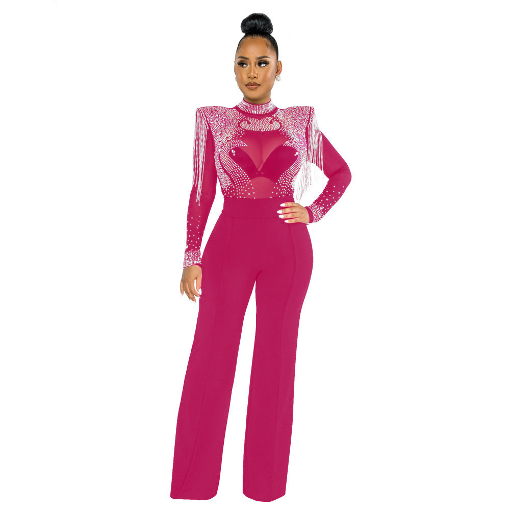 Women's Sexy Casual Turtleneck Hot Drilling Tassel Pants