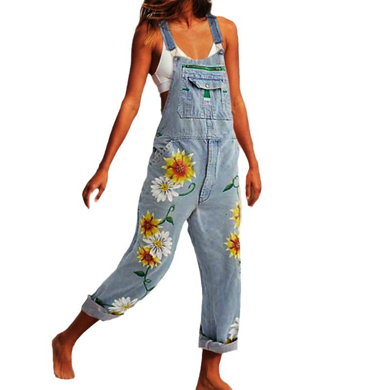Classic Pencil Printed Sleeveless Suspenders Slimming Jeans