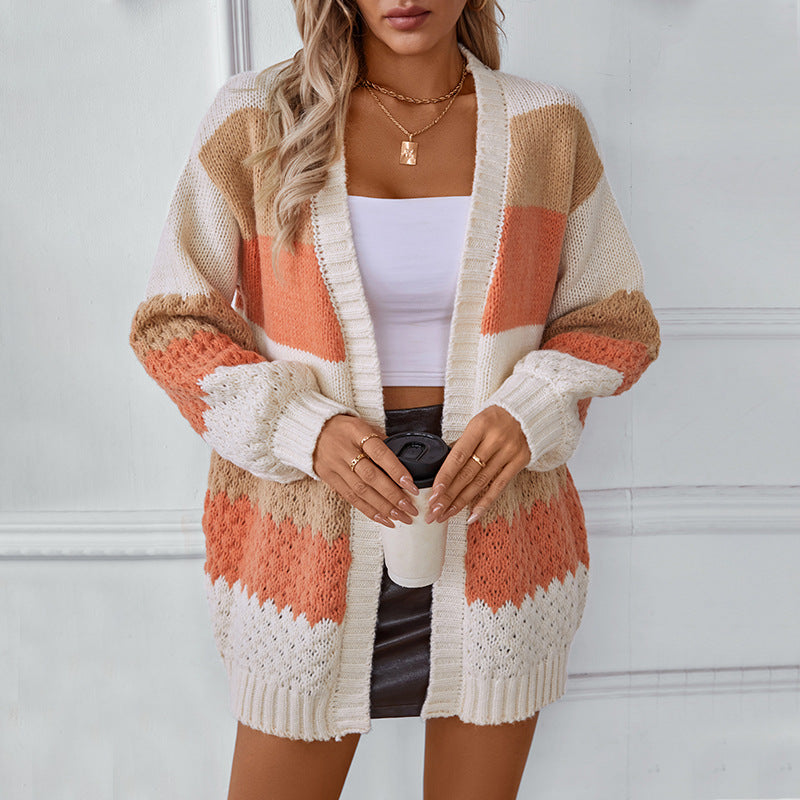 Women's Contrast Color Striped Casual Loose Lantern Cardigans