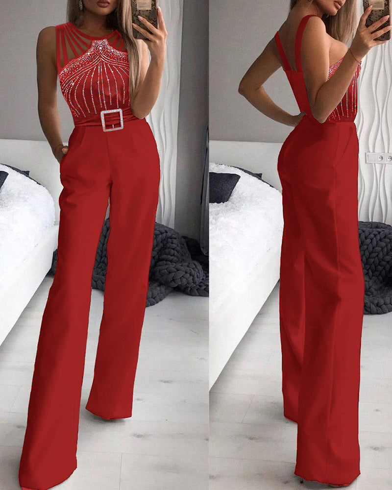 Black Rhinestone Sexy Sleeveless Fitted Waist Pants