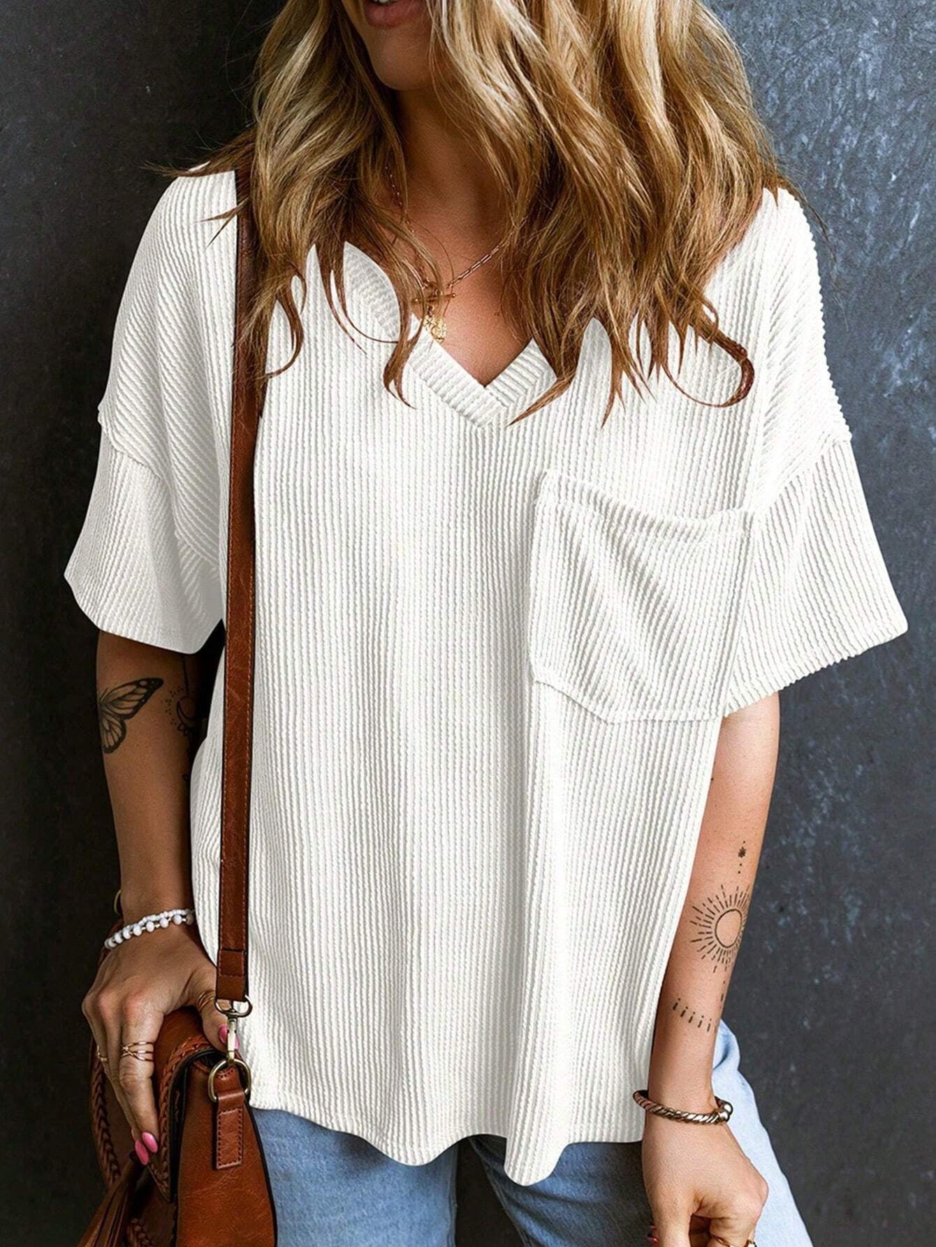 Women's Fashionable Two-color Twisted Pocket Short-sleeved For Blouses