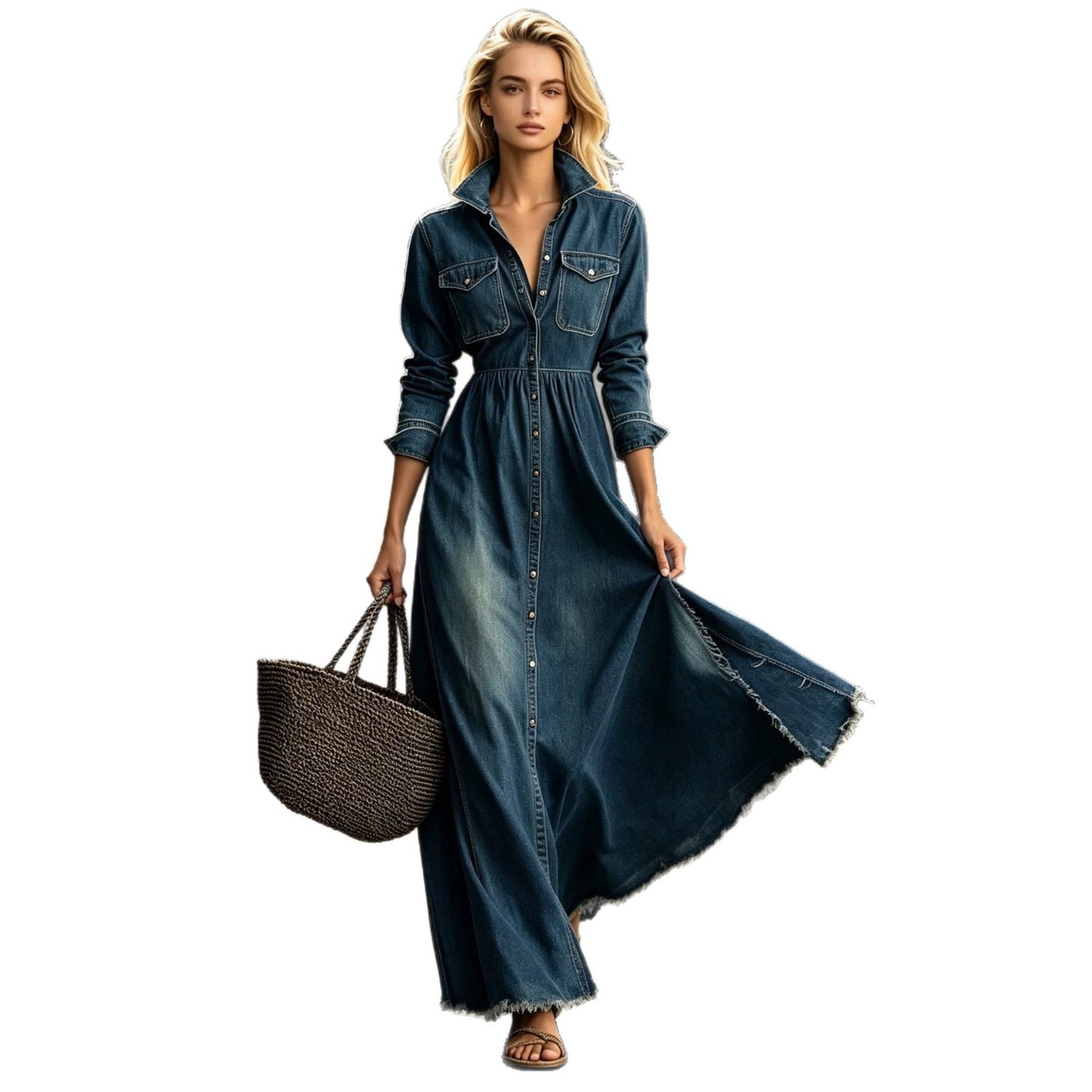 Slimming Retro Temperament Long Sleeve Denim Dress