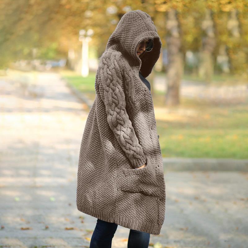 Women's Hooded Single-breasted Slim Street Hipster Long Knitwear