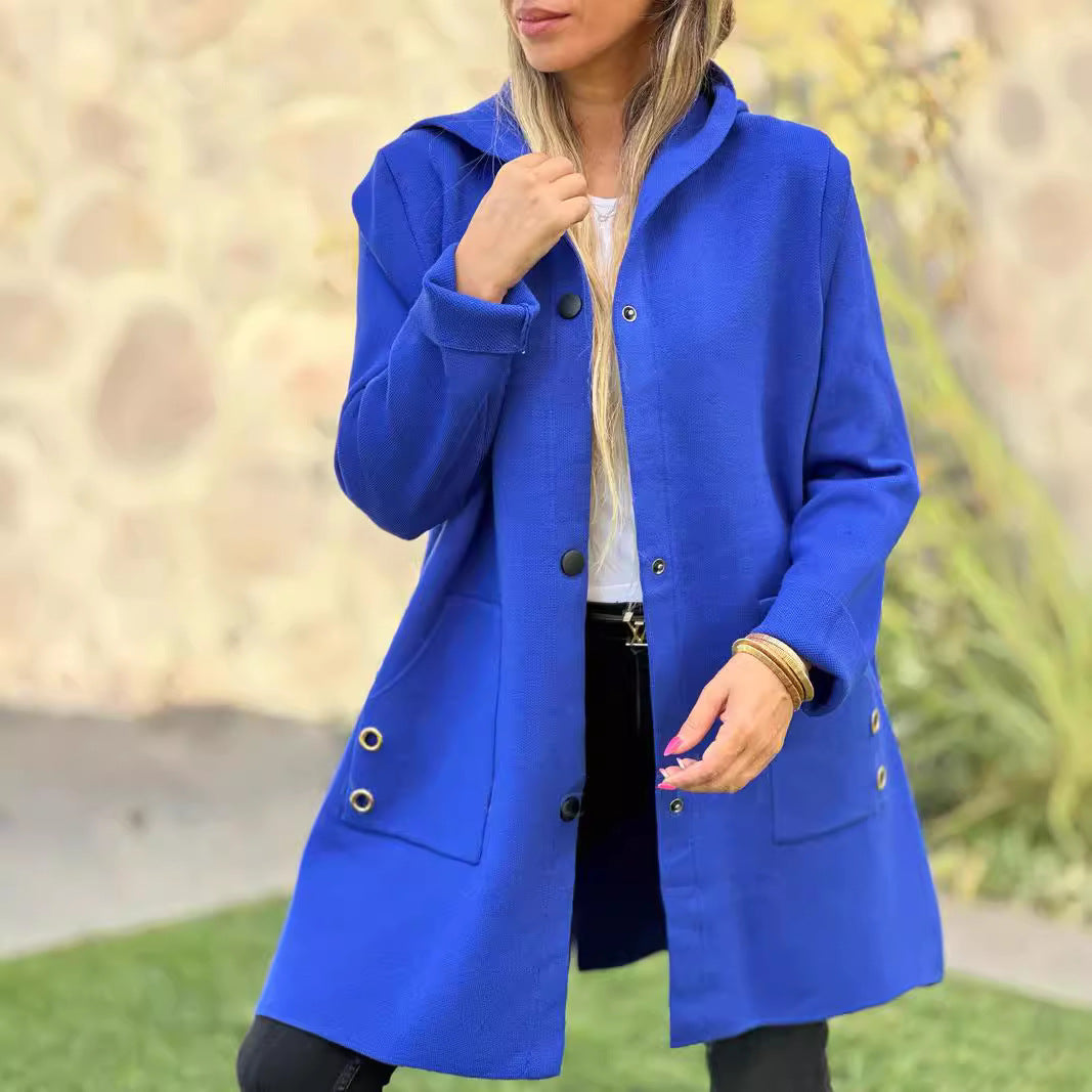 Solid Color Casual Single-breasted Hooded Woolen Coats