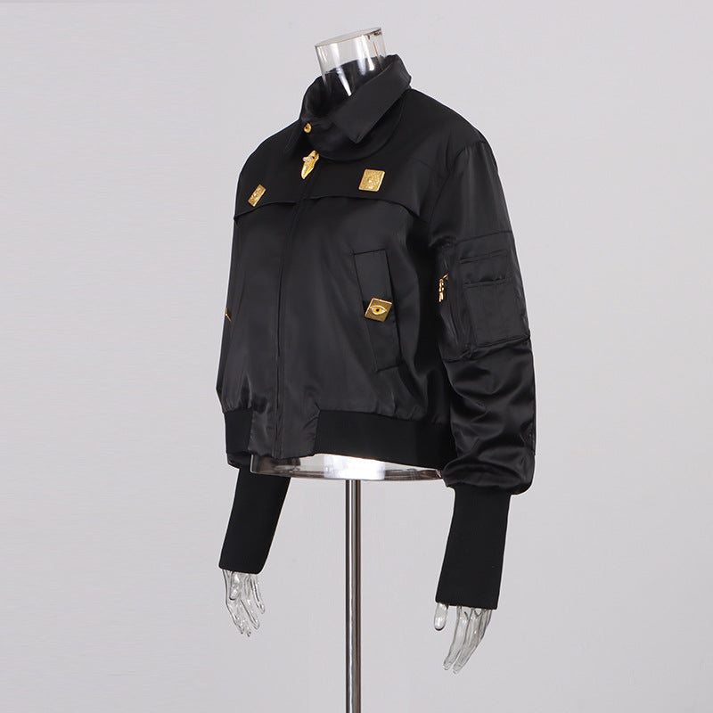 Women's Metal Stitching Decorations Long Sleeve Stand Collar Jackets