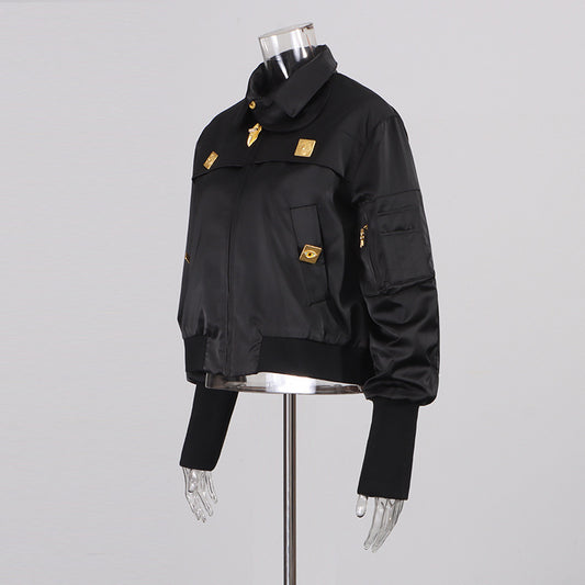 Women's Metal Stitching Decorations Long Sleeve Stand Collar Jackets