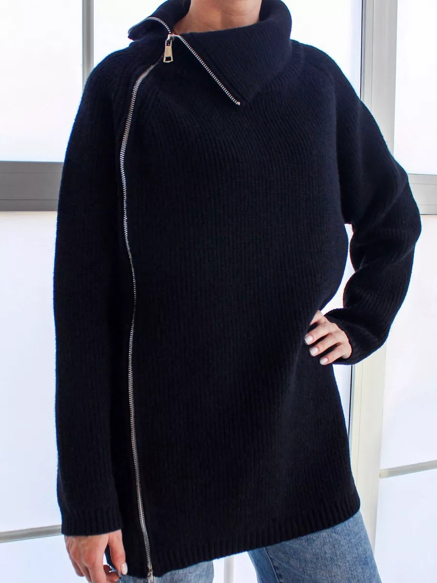 Turtleneck Zipper Sexy Loose Long Sleeve Thermal Outer Wear Knitwear