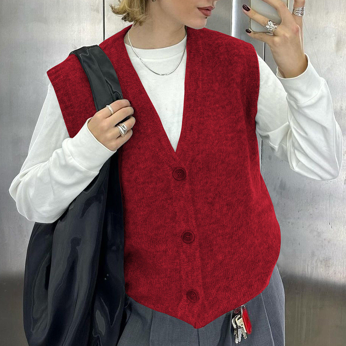 Women's Slouchy Casual Simple Buttons Woolen Tops