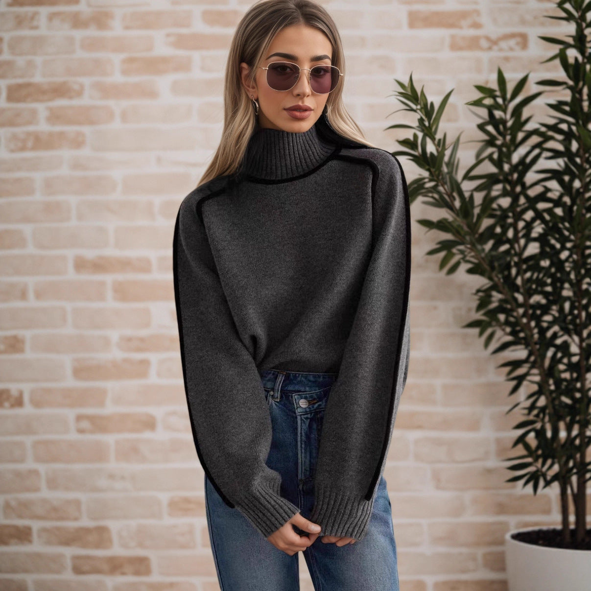 Women's Half Turtleneck With Shoulder Sleeve Elegant Line Thread Sweaters