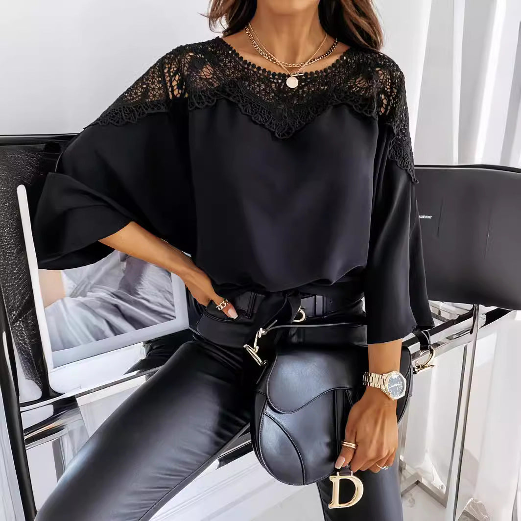 Long-sleeved Lace Shirt Solid Color Commute Tops
