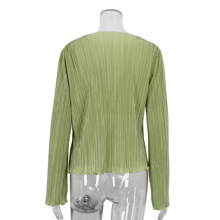 Women's Slim Flared Long Sleeve Pleated Shirt Blouses