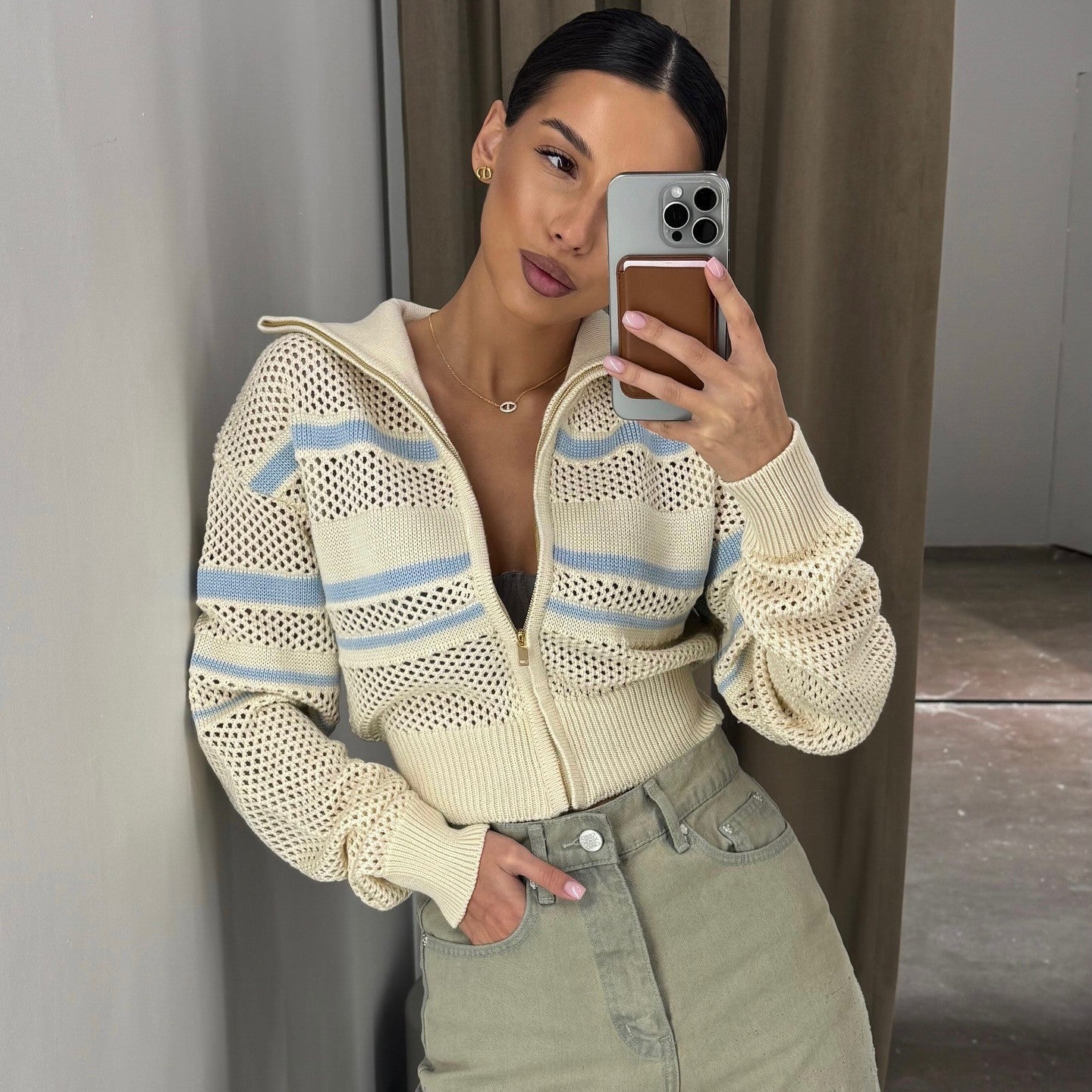 Women's Knitted Zipper Lapel Fashion Style Daily Coats
