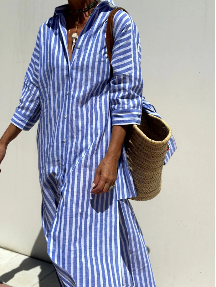 Women's Cotton Linen Stripes Shirt Dress Loose Dresses
