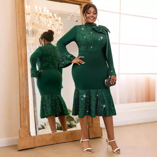 Women's Sequined Party Style Flare Sleeve Bow Dresses