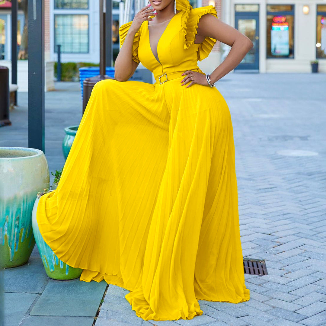 Women's With Belt Sexy Deep V Pleated Jumpsuits