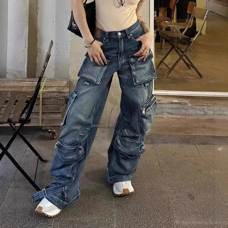 Women's Overalls Street Style Hot Worn Looking Washed-out Wide Pants