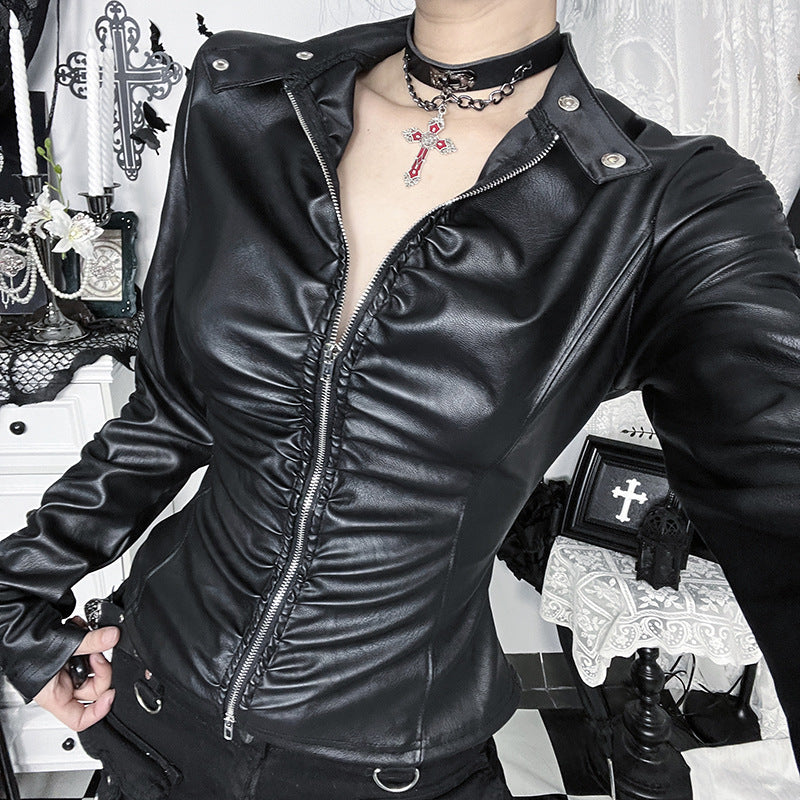 Women's Half Turtleneck Leather Fashion Autumn Long Sleeve Jackets