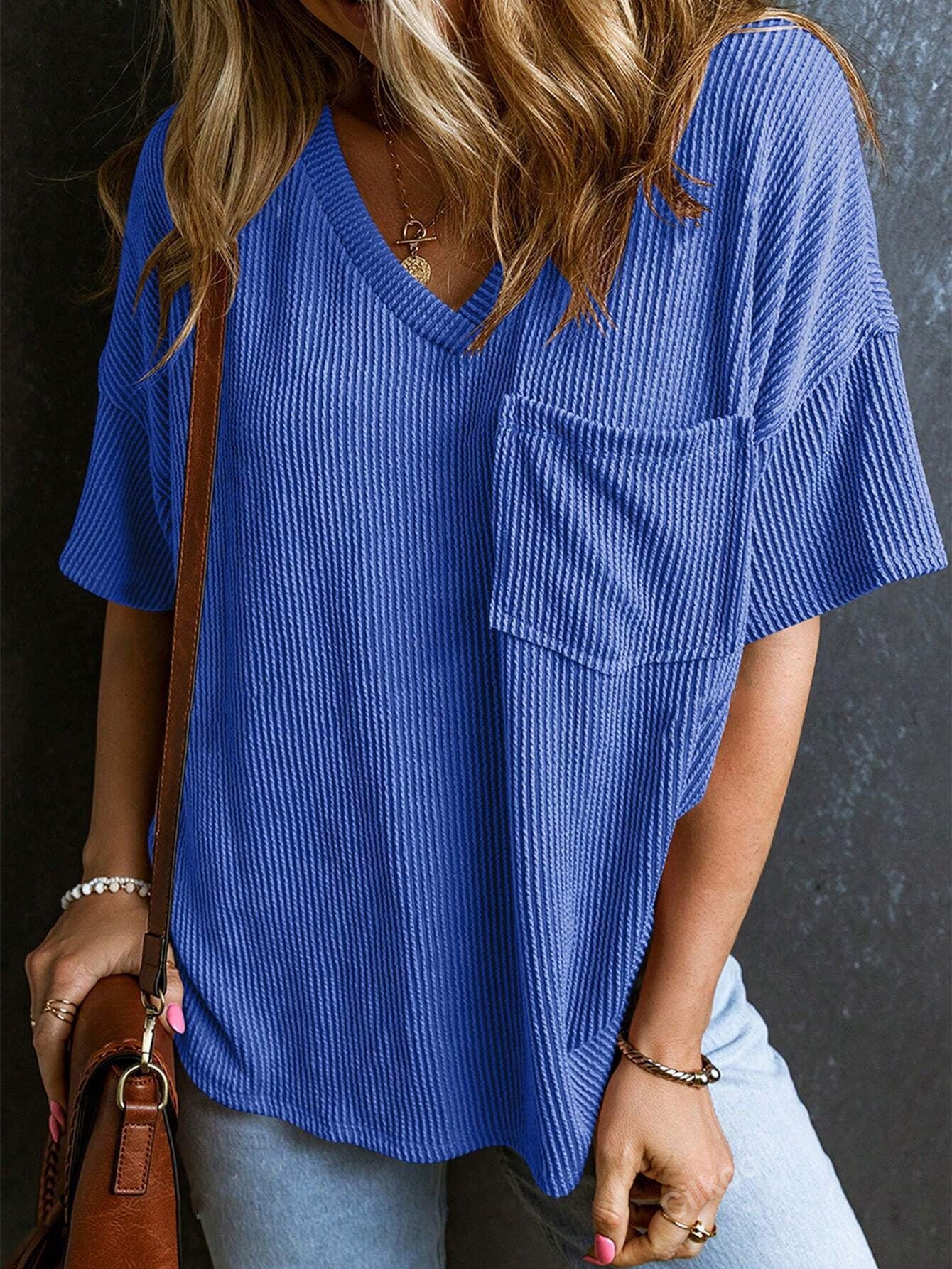 Women's Fashionable Two-color Twisted Pocket Short-sleeved For Blouses