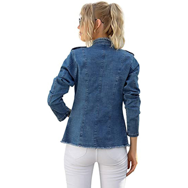Women's Denim Single-breasted Stand Collar Solid Color Jackets
