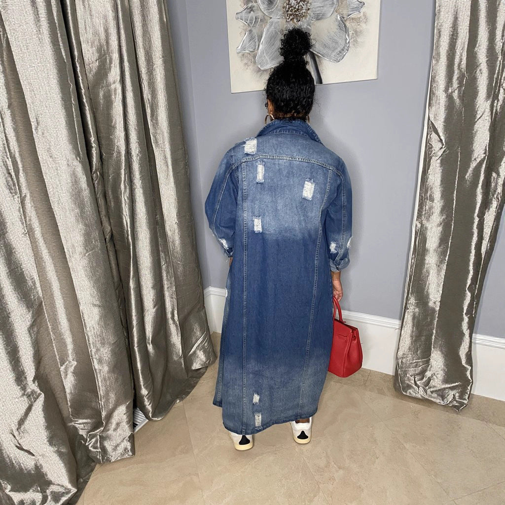 Women's Denim Long Trench Ripped For Coats