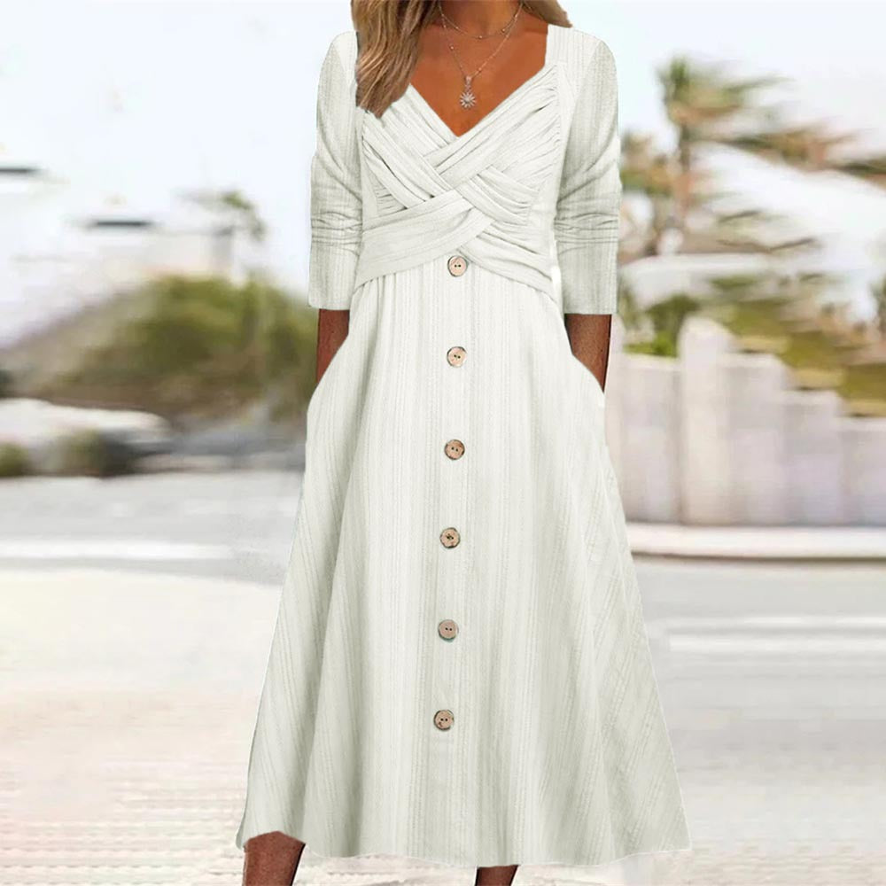 Women's Color Long Sleeve Cross Button Casual Dresses
