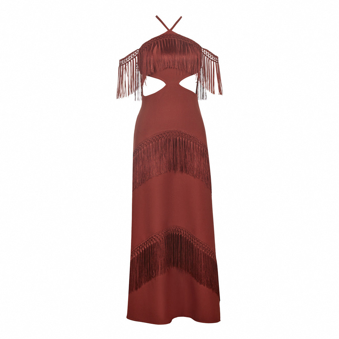 Women's Halter Boho Style Off Shoulder Bandage Stitching Tassel Long Dress