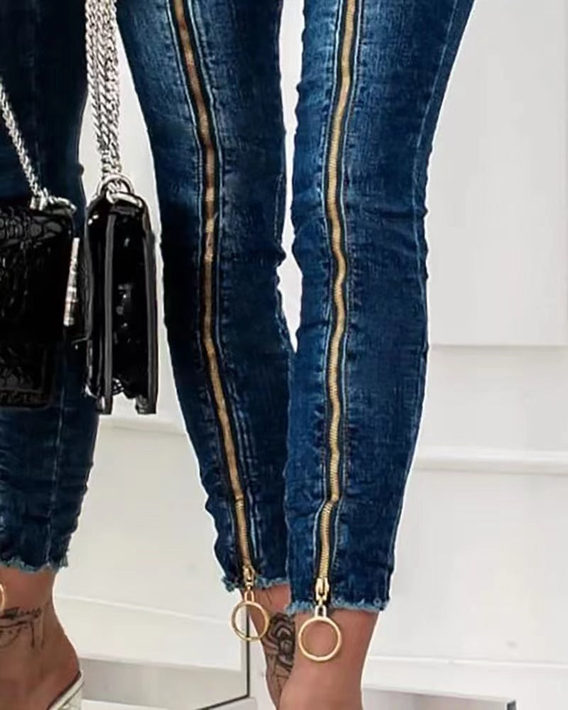 Women's Popular Decorative Zipper High Elastic Jeans