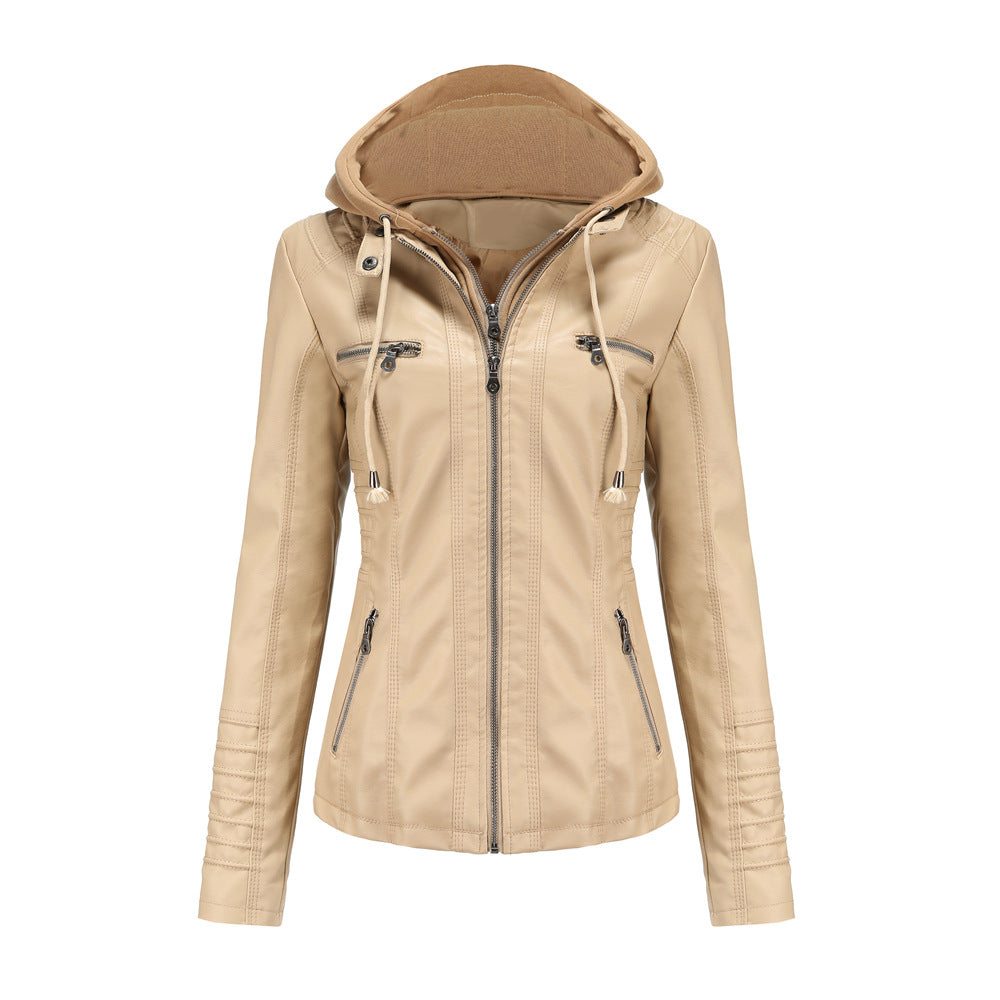 Women's Hooded Leather Two-piece Detachable Large For Jackets