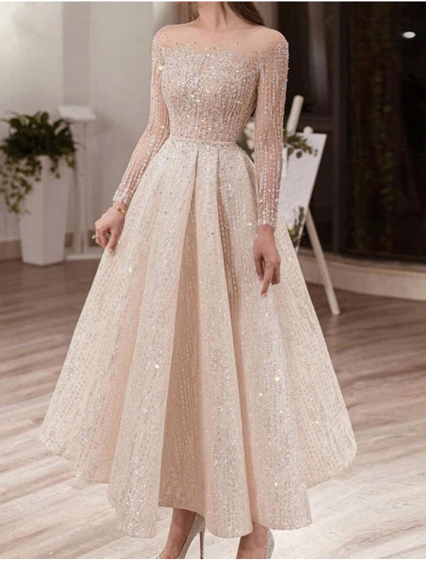 Long Sleeve Sequined Puffy Formal Dress Dresses