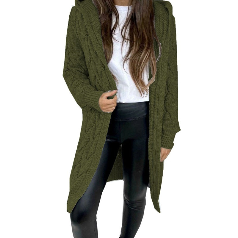 Mid-length Solid Color Twist Hooded Knit Knitwear