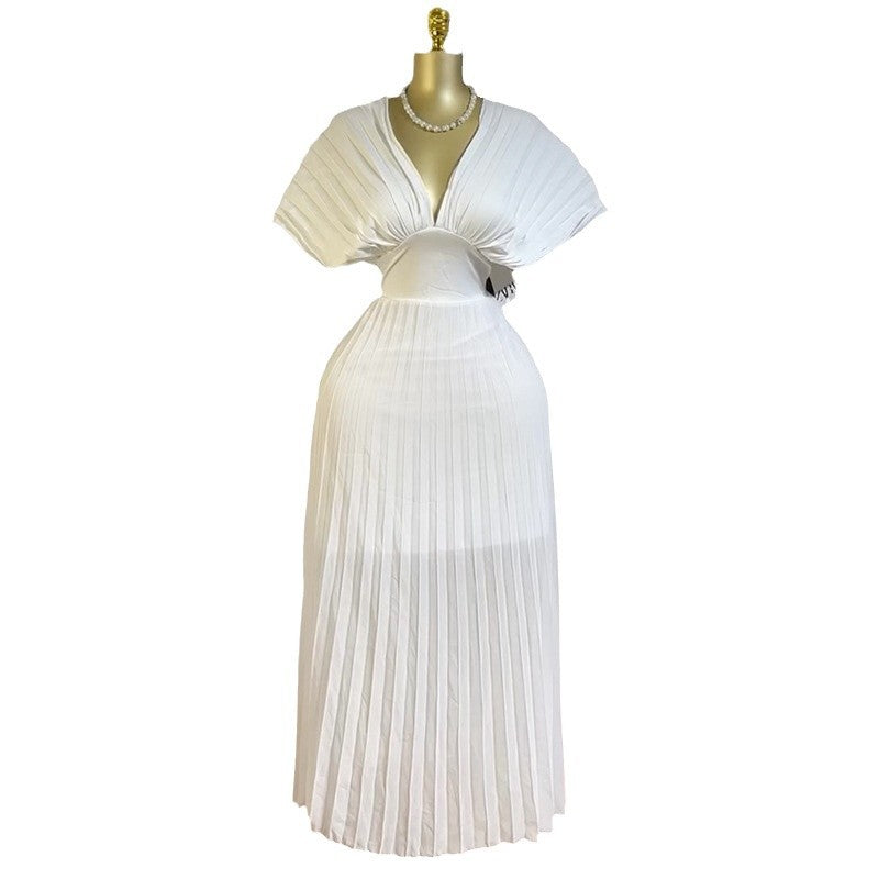 Women's Pleated Batwing Sleeve High Waist A- Skirts