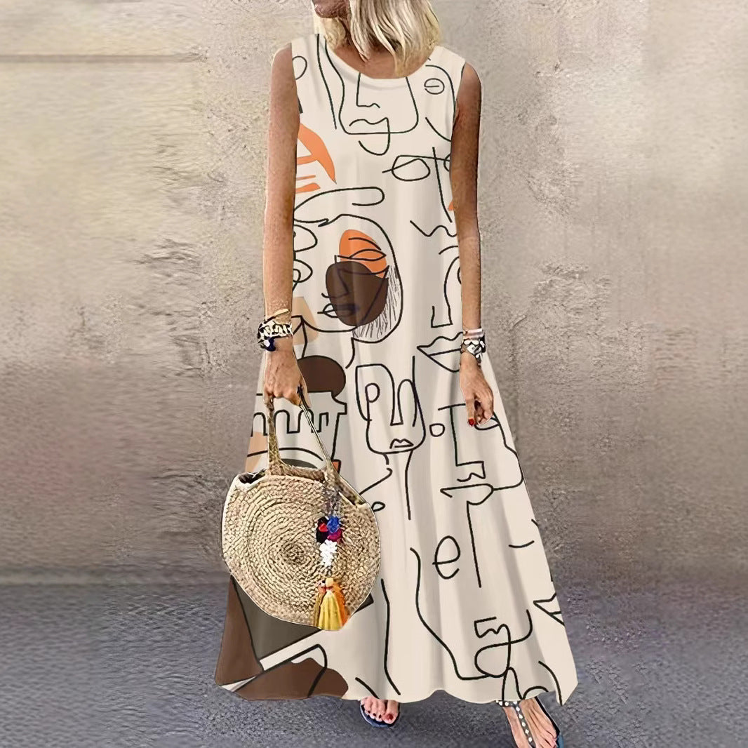 Women's Printed Cotton Linen Sleeveless Large Long Dresses