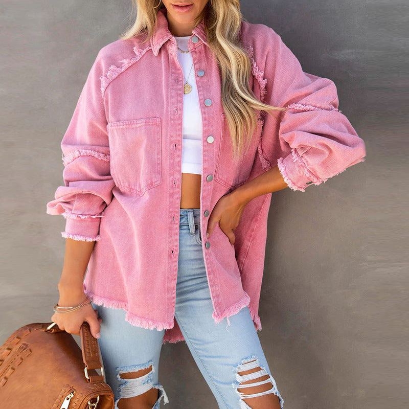 Denim Female Washed Frayed Hem Mid-length Jackets