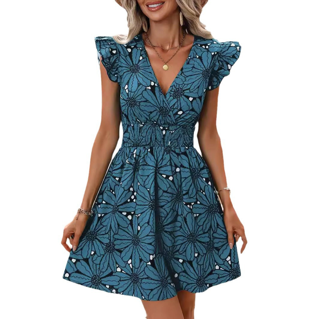 Women's Waist Sexy Large Flower Ruffled Sleeveless Dresses