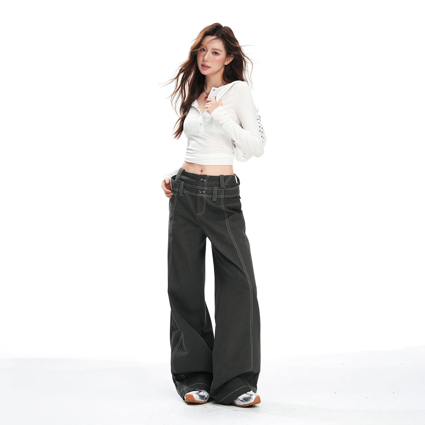 American Retro Double Waist Design Wide Pants