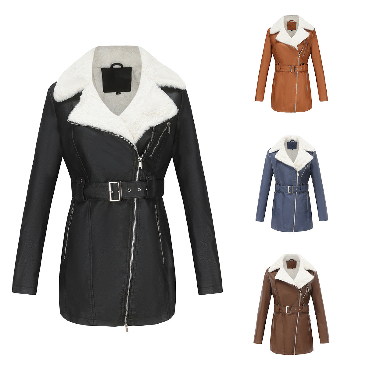 Women's Long Sleeve Fleece Leather Lapel Double-headed Jackets