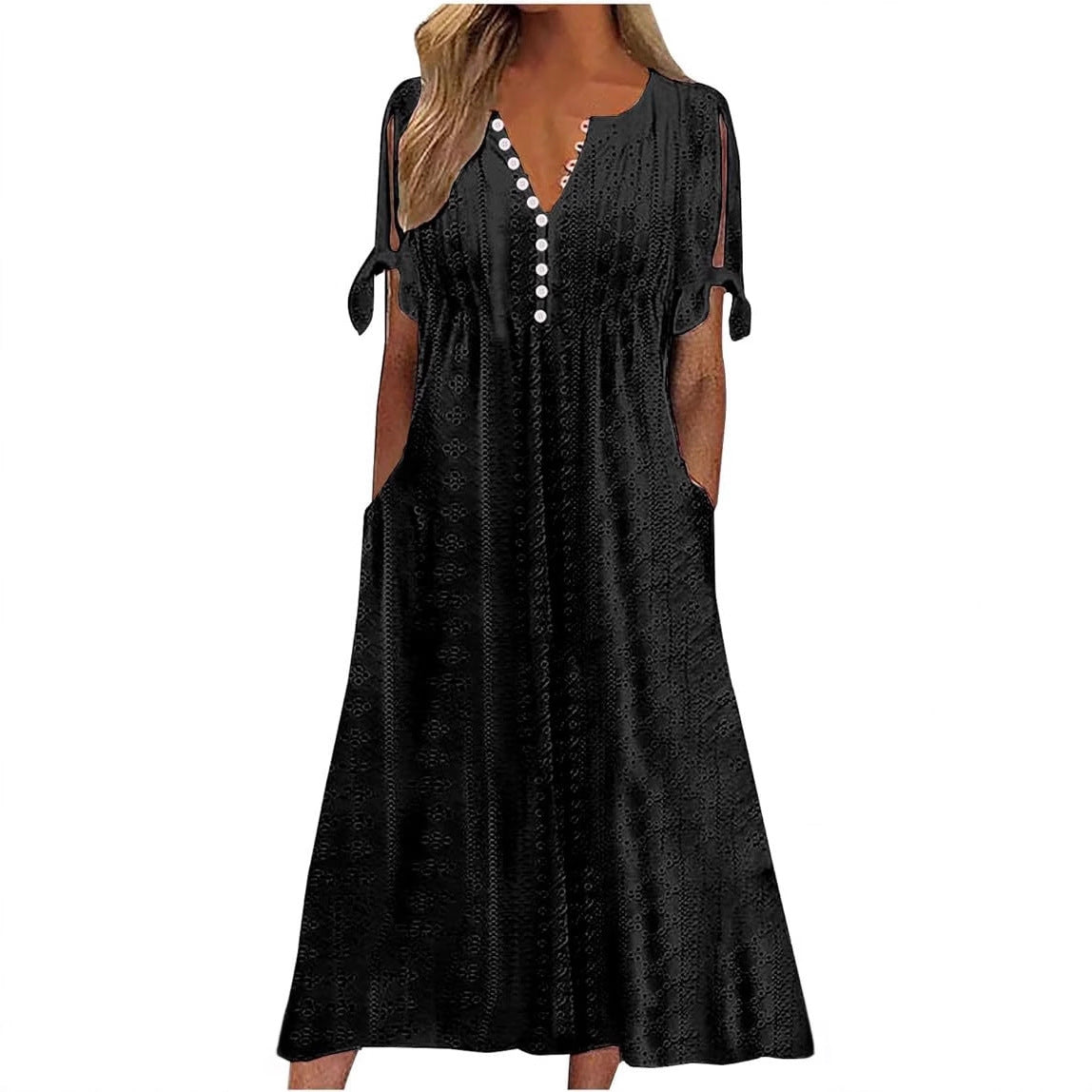 Women's Single Breasted Cuff Knotted Sleeve Eyelet Dresses