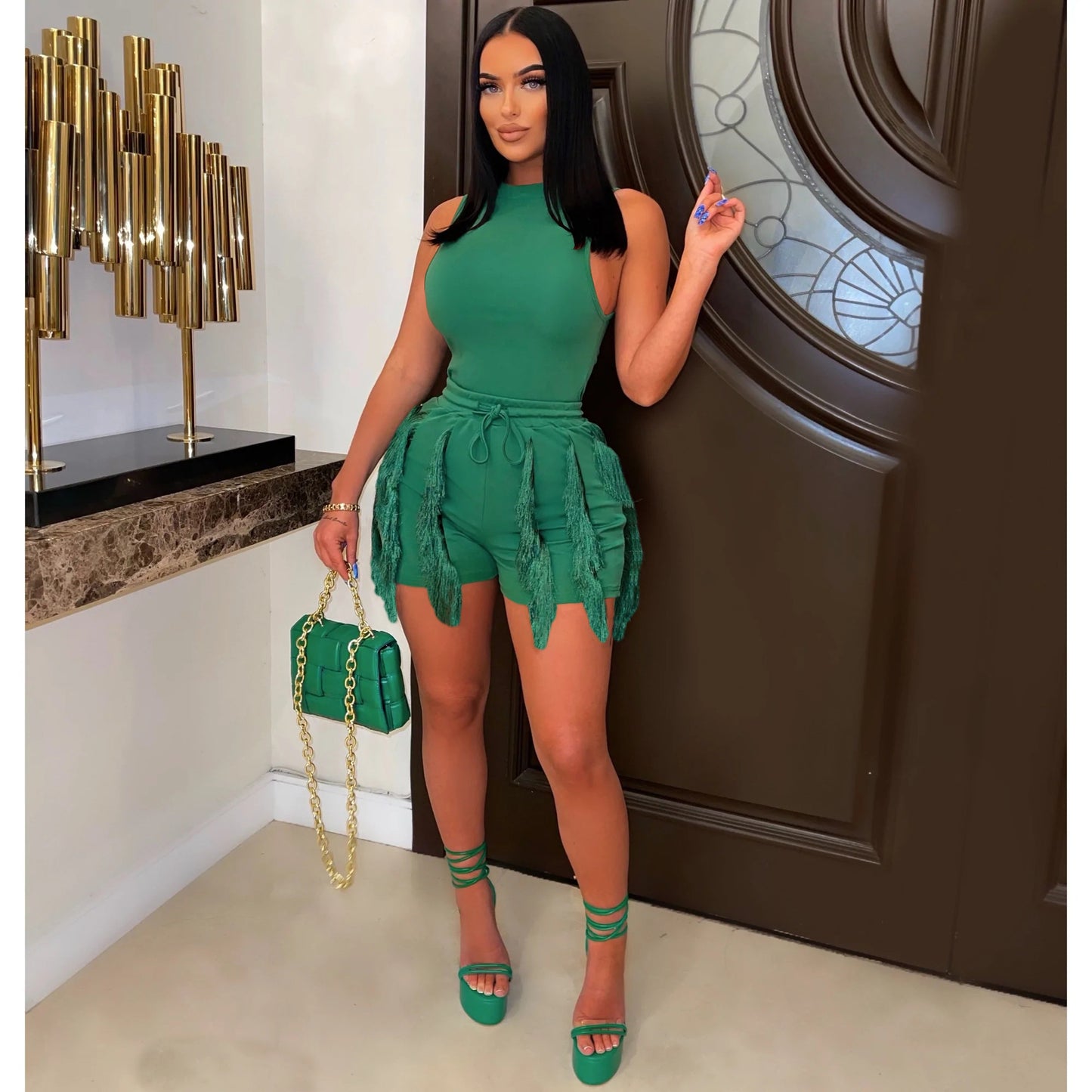 Women's Sleeveless Drawstring Tassel Casual Solid Color Dresses