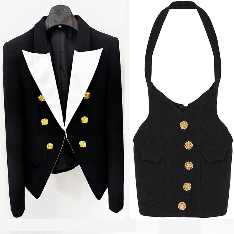 Fashion Contrast Color Metal Rose Button Blazers