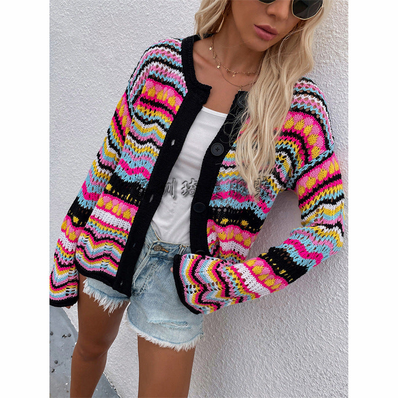 Women's Striped Loose Large Rainbow Button Sweaters