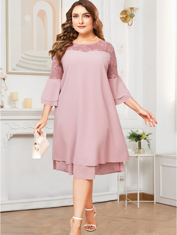 Women's Fashion Embroidery Stitching Dress Solid Color Dresses