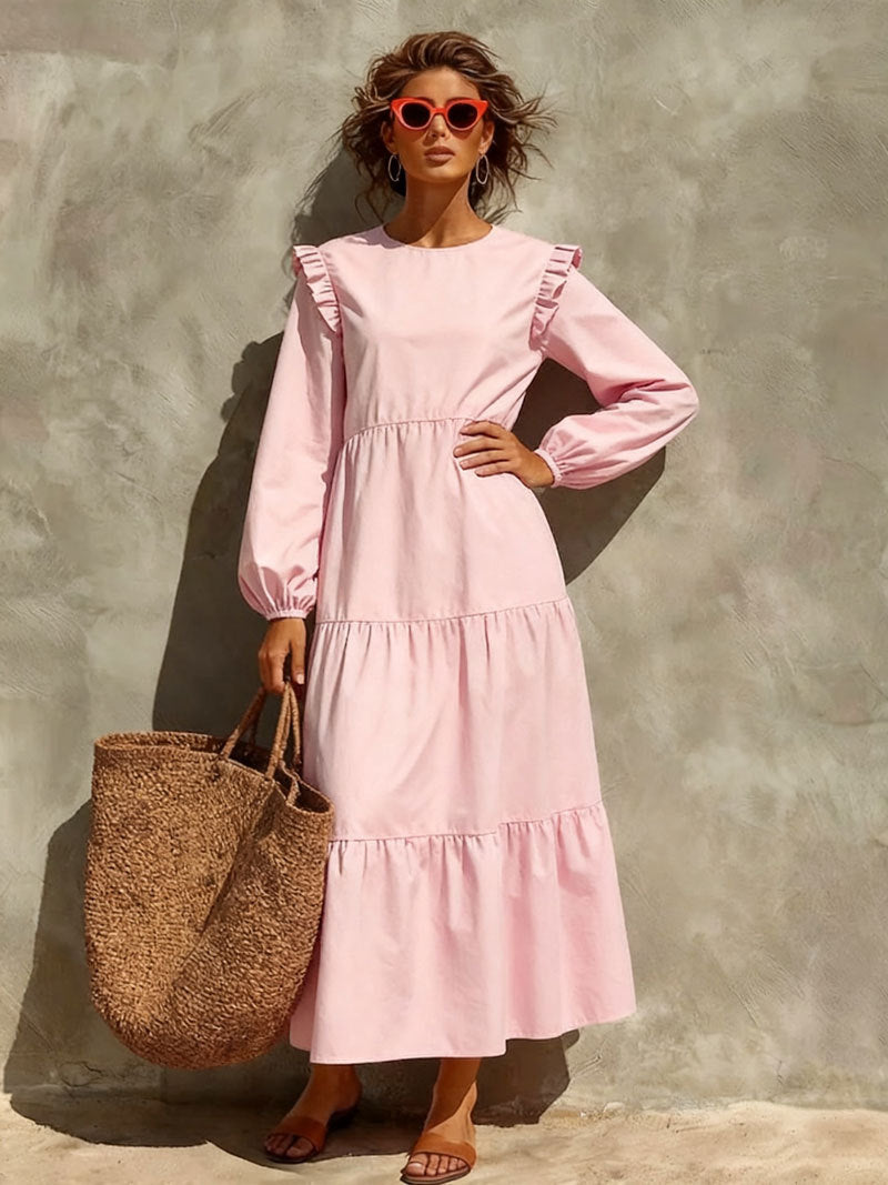 Neck Casual Loose Long Sleeve Solid Dress